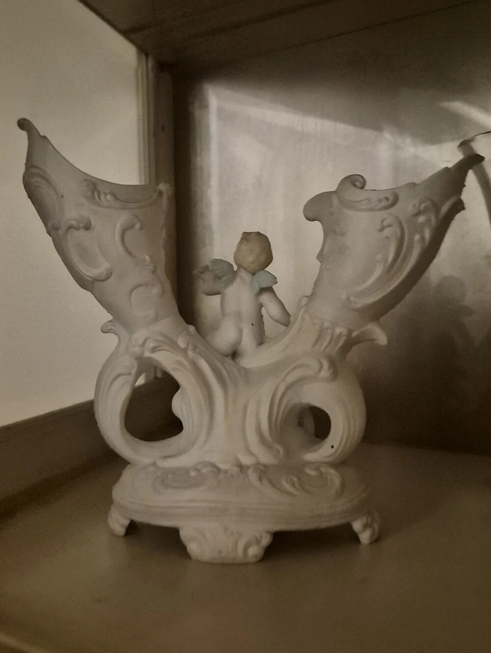 Antique German Bisque Porcelain Double Spill Vase Cherub Putti Flowers Mold 322